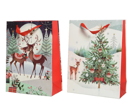 GIFTBAG PAPER RECTANGLE WHITE GLITTER DEER-XMAS TREE WITH HANDLE