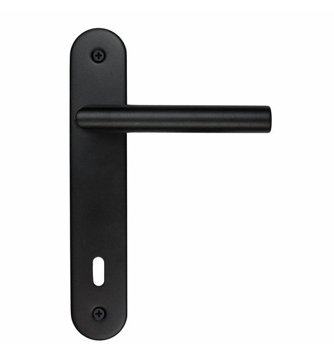 POIGNÉE DE PORTE I FORME 19MM STRUCTURE NOIRE PLAQUE UV+CLÉ 110MM