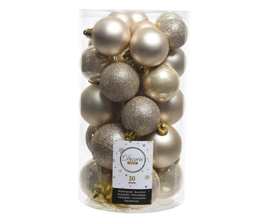 Boules incassables brillantes, mates, paillettes, mélange de perles, diamètre 6,00 cm.