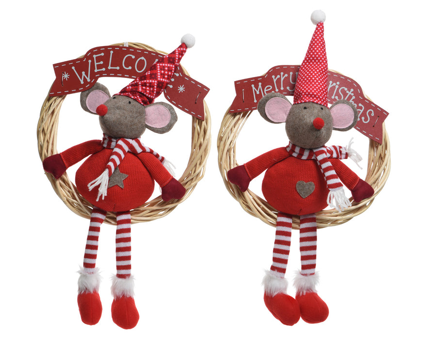 MUIS PES KRANS RATTAN MET HANGER EN MDF BORD:MERRY XMAS-WEL (per