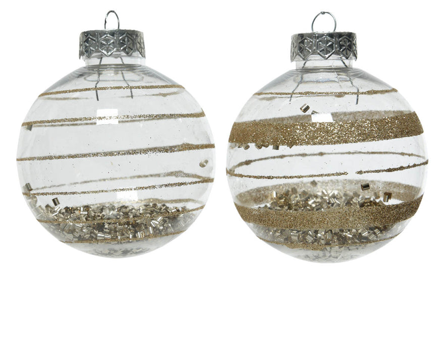 Boule de Noël en plastique pailleté 2 motifs différents métal argenté c
