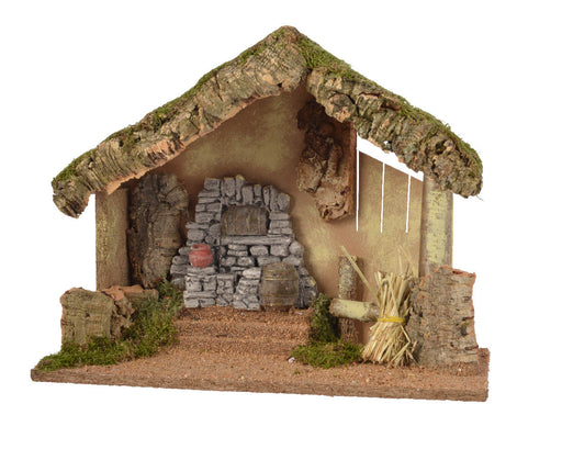 kerststalhuis natuur.poly muur with bark with moss w straw -17x28