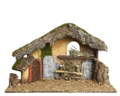 kerststal with moss with bark with straw w door for 12-15cm figur