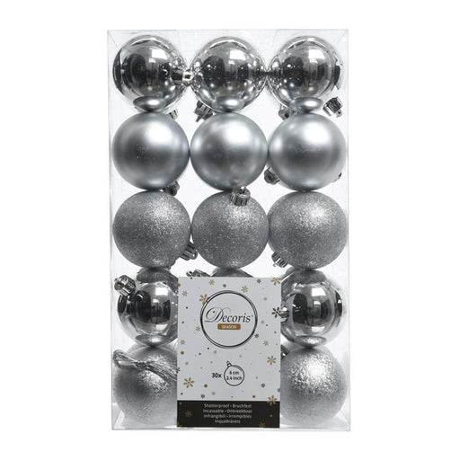 zilver-kerstbal plastic 4ass mix 6x shiny - 6x matt - 6x glitter
