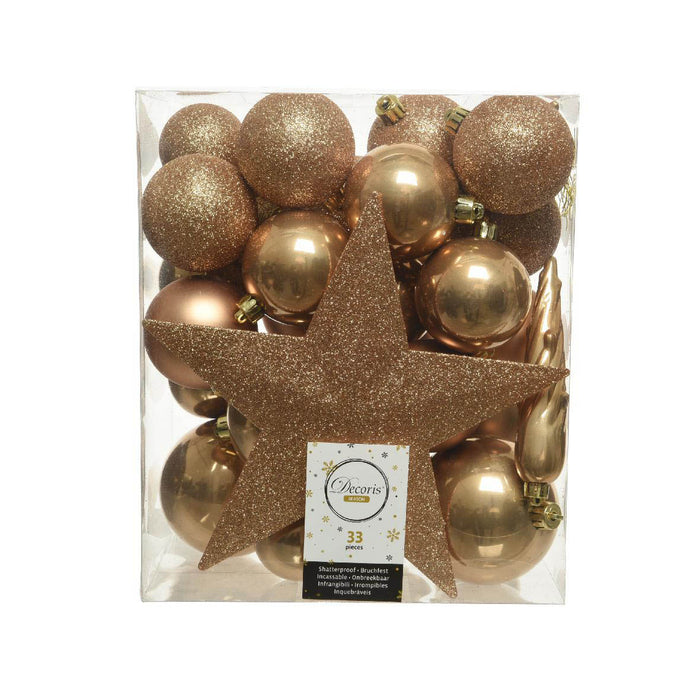 camel bruin-kerstbal plastic mixbox piek 1x treetopper glitter 4x