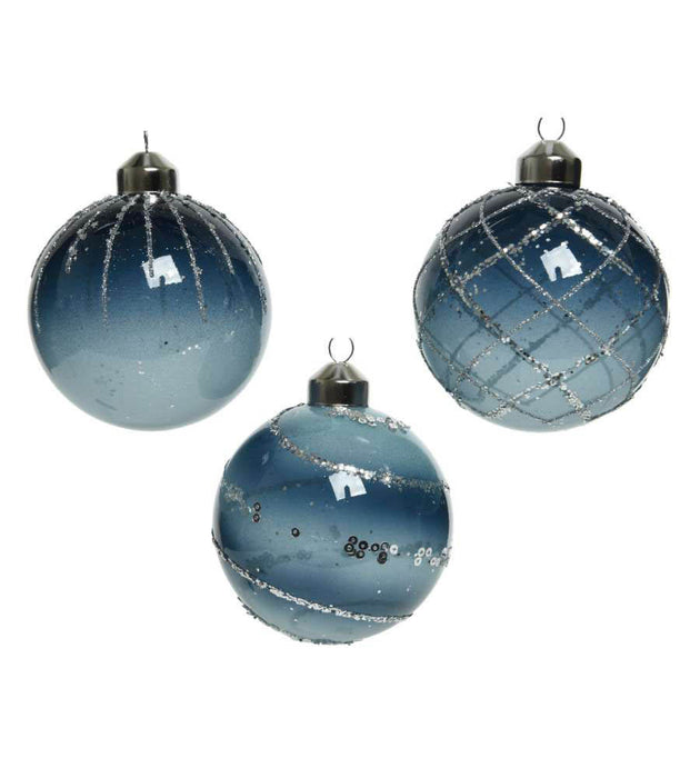Boule de Noël bleue en verre décorée 3 carreaux - tourbillon - top déco avec si