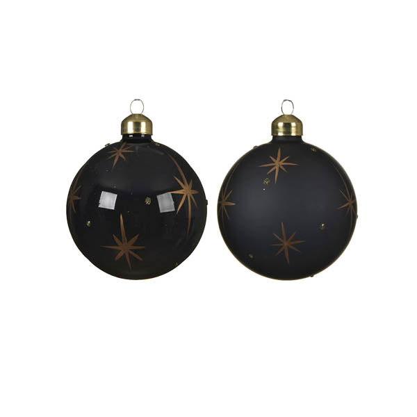 assortie-kerstbal glas sterren 2kl.ass matt - shiny black w gold