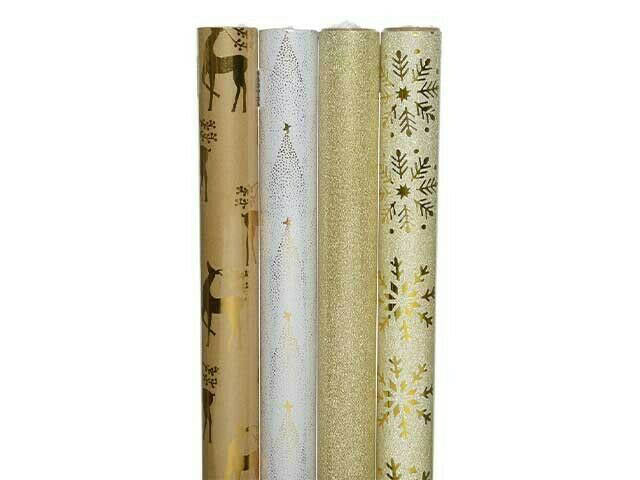 goud-inpak papier deluxe 4ass 10xtree-10xdeer-10xgold glitter-10x