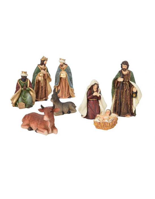 Crèche de Noël en polyrésine Marie, Joseph, Jésus, 3 rois, vache, âne