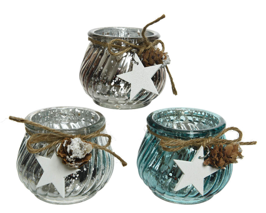 assortie-theelicht glas antiek 3klass with jute ribbon w star and