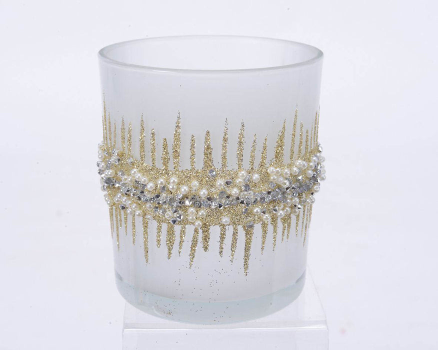 blanc/or-bougie chauffe-plat bord de perles de verre-dia7x8cm-blanc/or