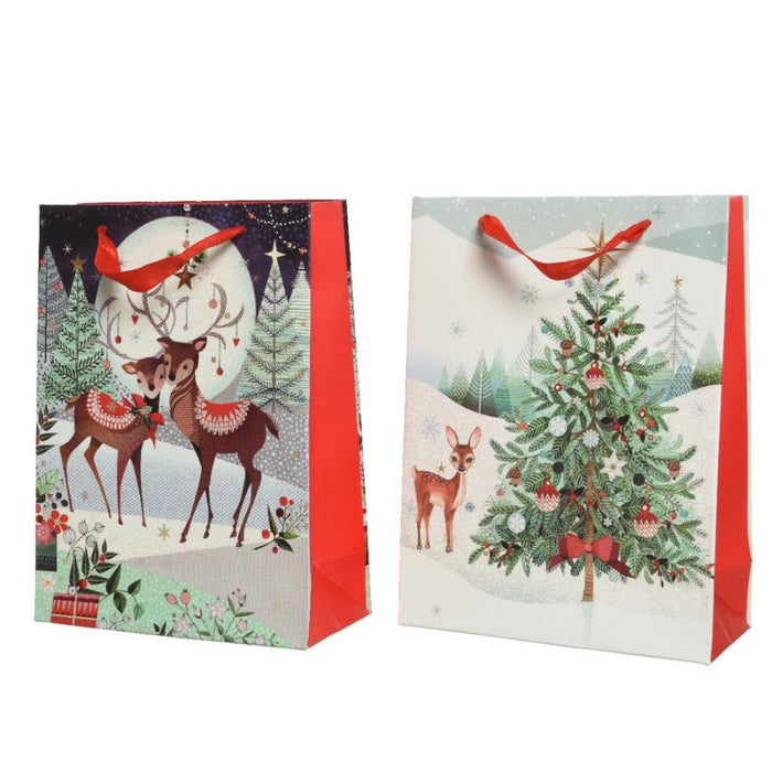 SAC CADEAU PAPIER RECTANGLE BLANC PAILLETTES CERF-ARBRE DE NOËL AVEC POIGNÉE