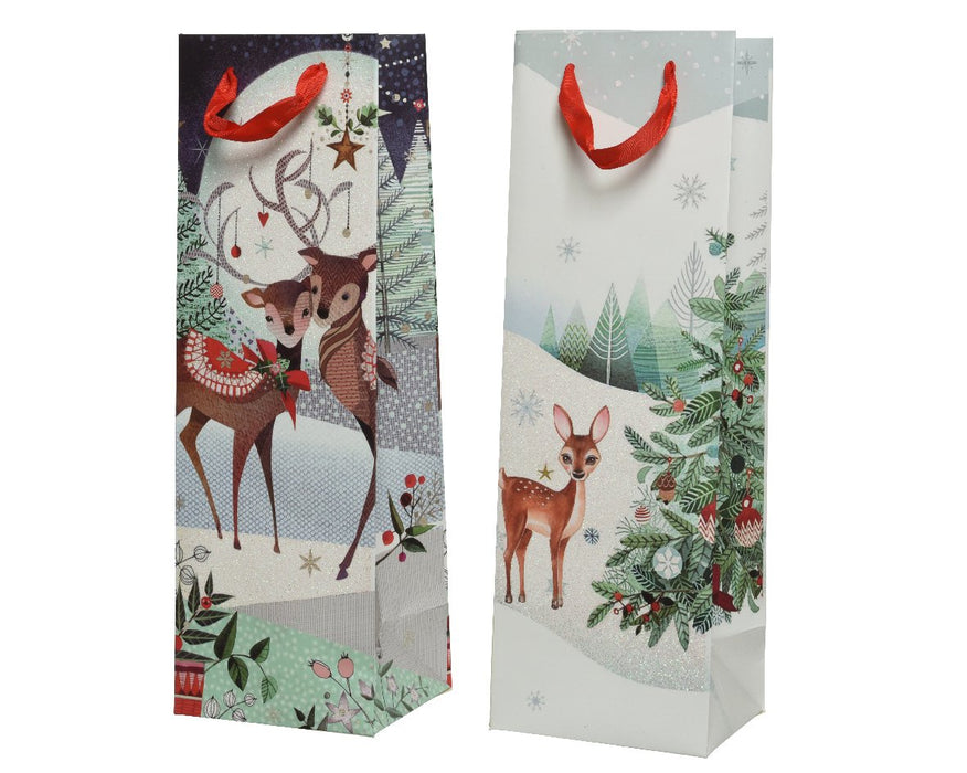 SAC CADEAU PAPIER RECTANGLE BLANC PAILLETTES CERF-ARBRE DE NOËL AVEC POIGNÉE