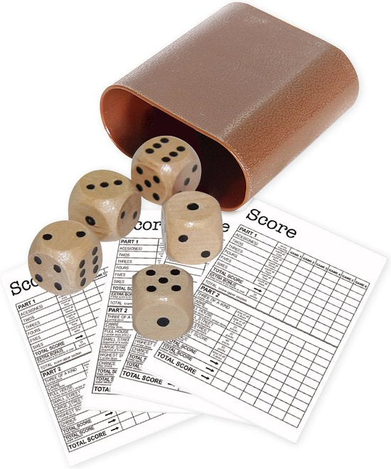 JEU DE DÉS EN BOÎTE MARRON AVEC 5 DÉS ET BLOC-NOTES DE SCORE 50