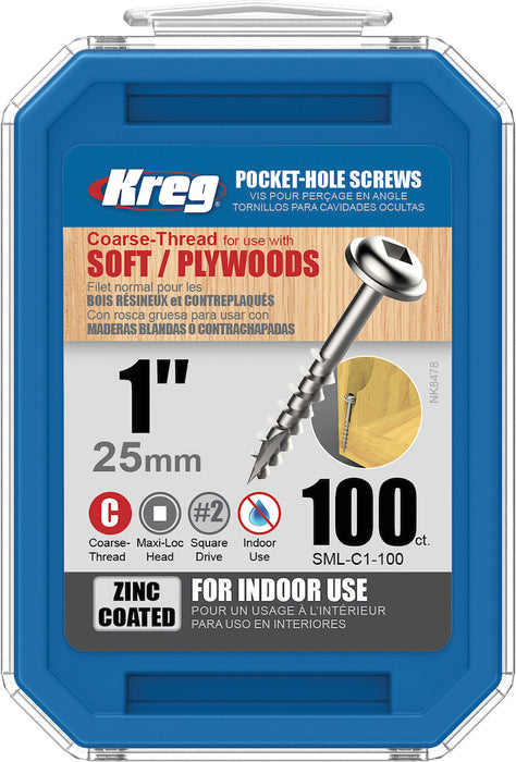 VIS À TROU KREG 25 MM, ZINC À FILET GROS 100 PCS