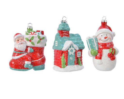 kerstbal plastic vorm snowman - Santa - house packed in a display