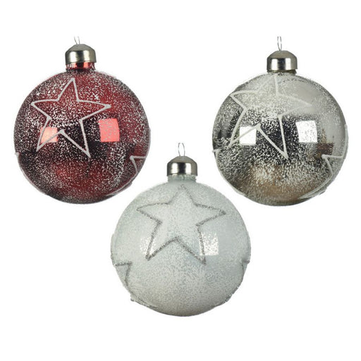BAUBLE GLASS SILVER INSIDE W SHINY COLOR GLITTER STAR,SNOW FINISH