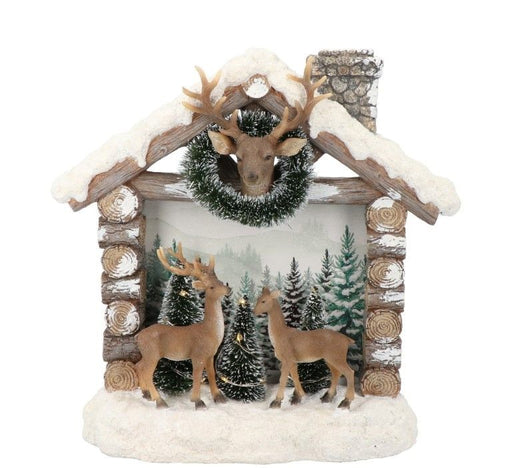 SCENE HOUSE WITH DEER POLY BROWN/GREEN/WHITE-LED-30X10X30CM
